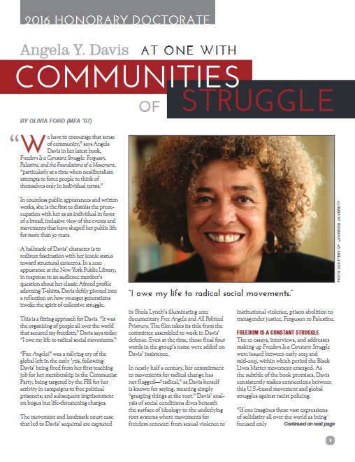 California Institute of Integral Studies article with photo of Angela Davis smiling